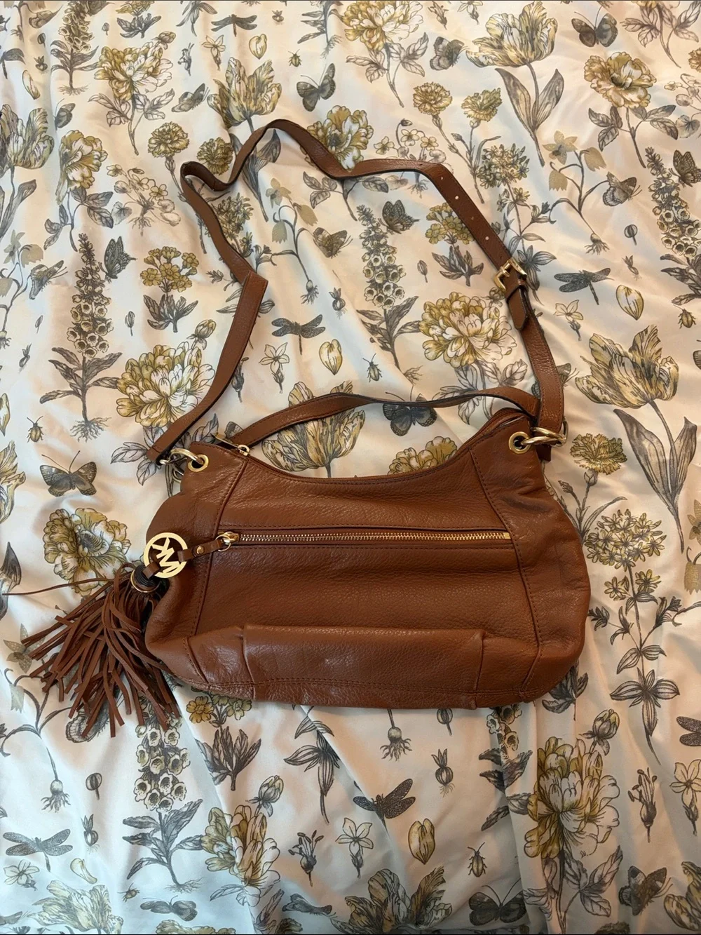Michael Kors Cognac Leather Shoulder Bag with Tassel Pendant